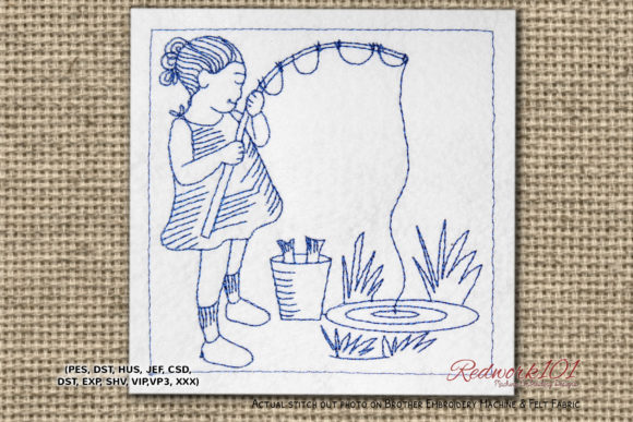 Girl Fishing in Pond: A Charming Embroidery Design